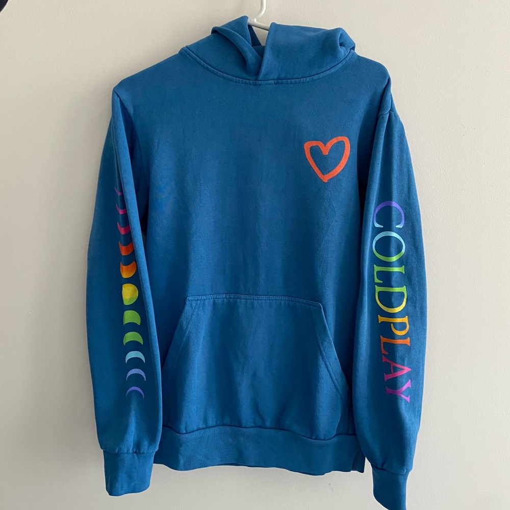 Coldplay Blue Hoodie with Heart and Rainbow Design